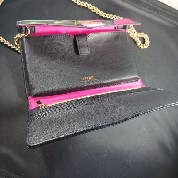 TRINA TURK Black/Watercolor Pattern Gold Chain Crossbody Purse/Wallet - Picture 7 of 10
